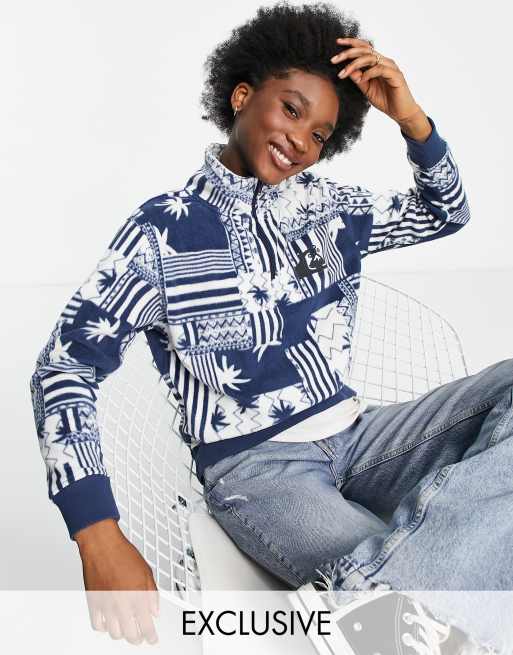 Quiksilver Polar Logo Aztec 1/4 zip fleece in blue Exclusive at ASOS