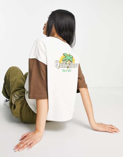 Quiksilver - T-shirt med vintagefarveblok i creme/brun, 2 af 4