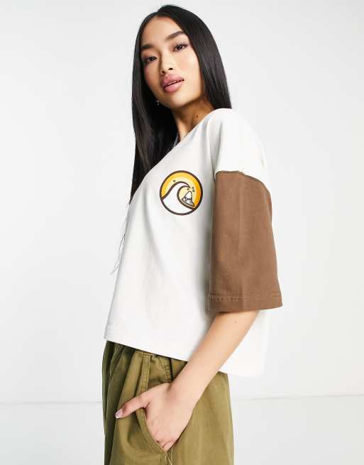 Quiksilver – Vintage – Blockfärgad krämfärgad/brun t-shirt