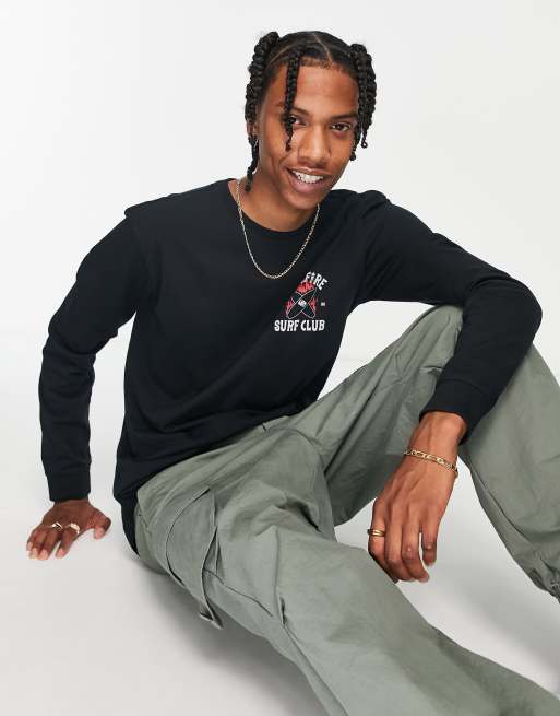 Quiksilver x The Stranger Things – Czarny T-shirt z długimi rękawami i nadrukiem „Hell Fire Surf Club”