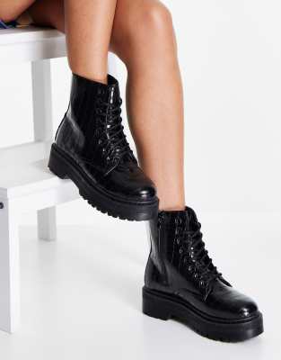 Qupid Chunky Lace Up Ankle Boots In Black Croc ModeSens