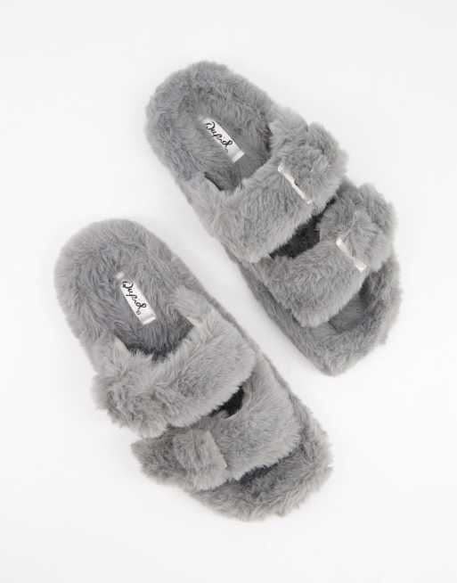 Fur slippers with store strap