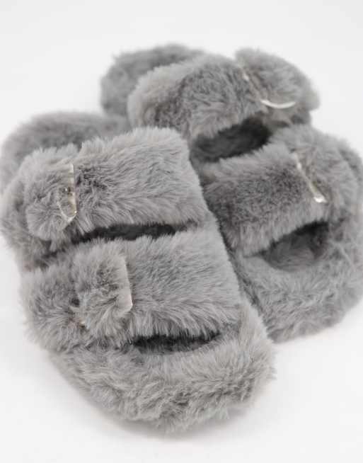 Qupid double strap slippers in gray faux fur ASOS