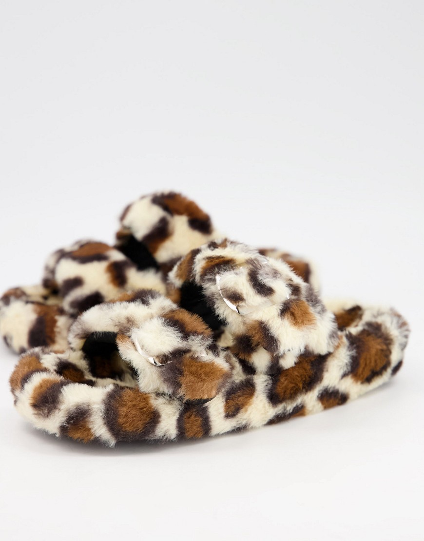 Qupid double strap slippers in leopard fur-Multi