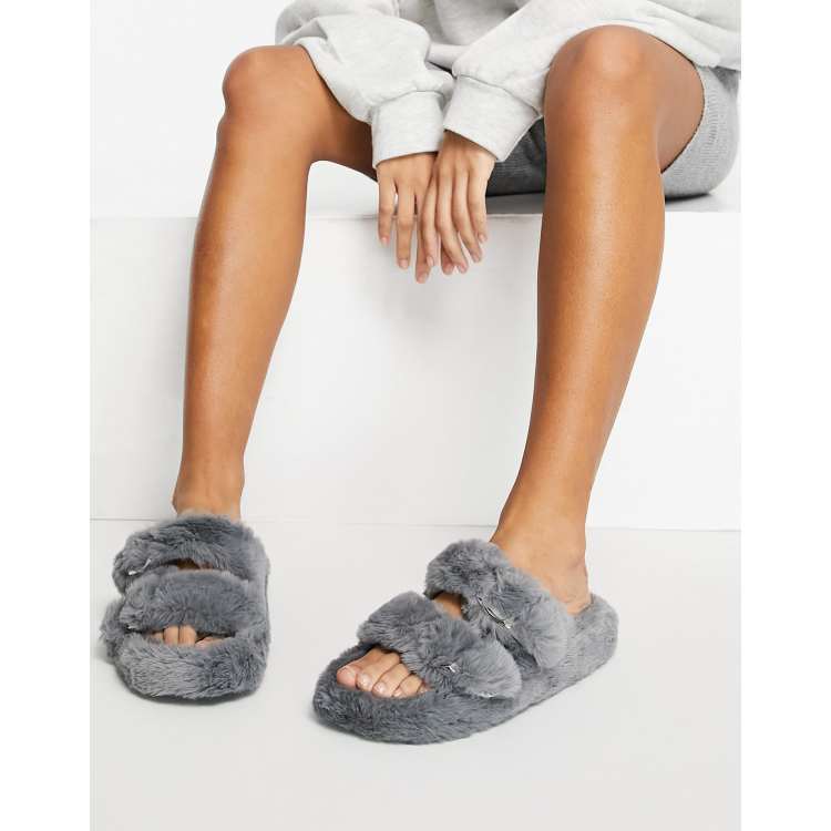 Qupid fluffy buckle slippers in grey ASOS