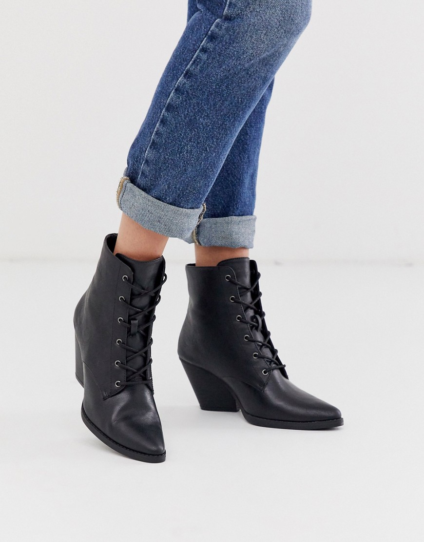 Qupid lace up western ankle boots-Black