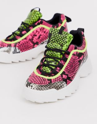 Qupid Neon Snake Print Chunky Sneaker-multi