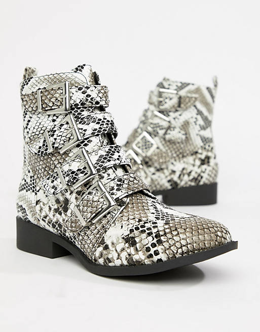 QUPID Studded Snake Flat Ankle Boots