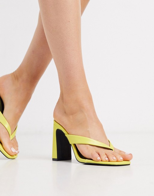 Qupid thong heeled mules in yellow