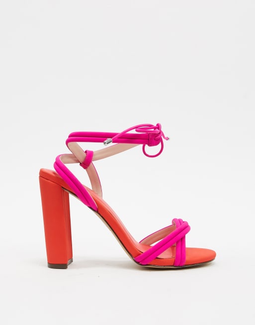 Qupid tie leg heeled sandals in pink and orange ASOS