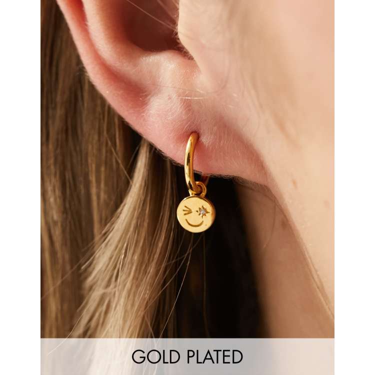 Rachel Jackson 22 carat gold plate huggie hoop earrings with happy