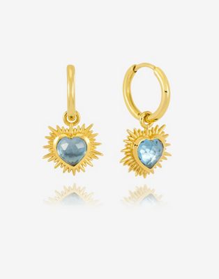 Rachel Jackson 22 carat gold plated electric love blue topaz heart huggie hoop earrings with gift box