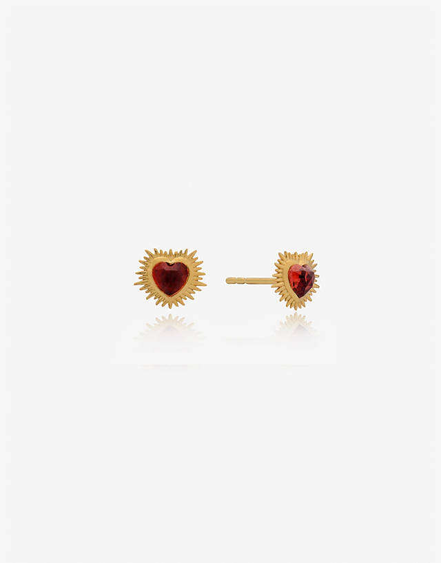 Rachel Jackson - 22 carat gold plated electric love garnet heart stud earrings with gift box