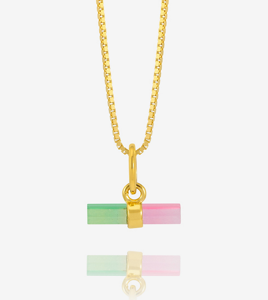 Rachel Jackson 22 carat gold plated mini t-bar necklace with watermelon stone with gift box