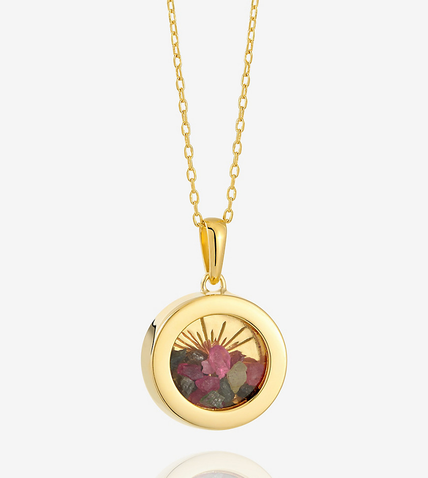 Rachel Jackson 22 carat gold plated small deco sun amulet necklace with tourmaline cystals with gift box