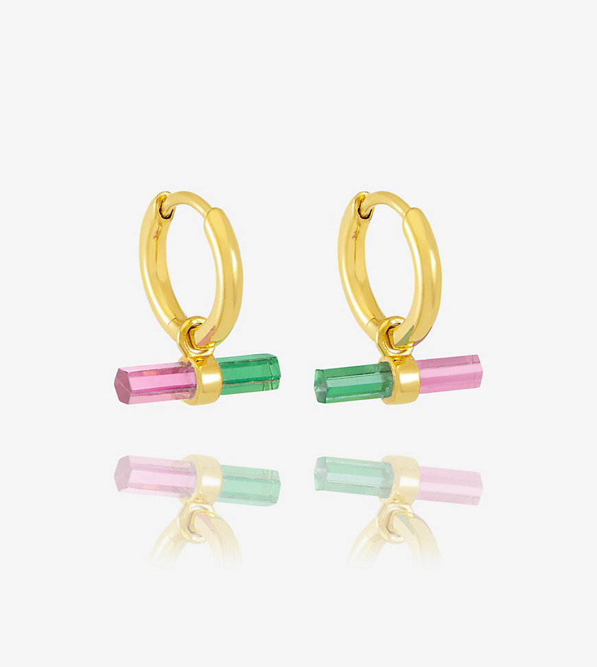 Rachel Jackson 22 carat gold plated t-bar hoop earrings with watermelon stone with gift box