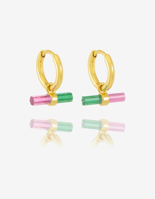 Rachel Jackson - 22 carat gold plated t-bar hoop earrings with watermelon stone with gift box