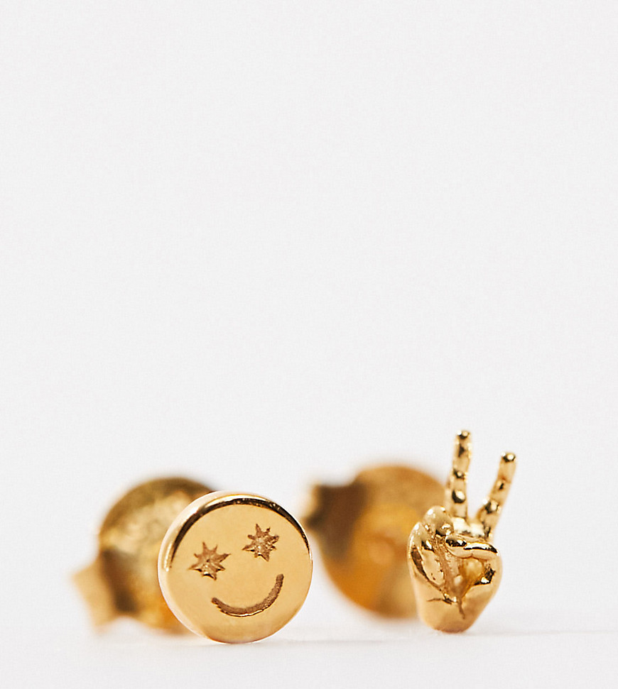 Rachel Jackson 22 carat happy face and peace sign stud earrings with gift box-Gold