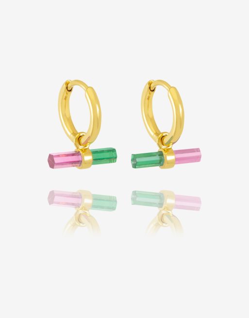 Rachel Jackson - Créoles en plaqué or 22 carats avec barre en T et pierre couleur pastèque avec boîte cadeau