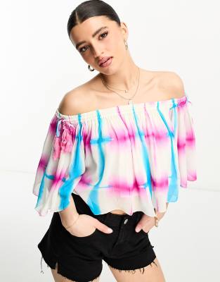 Raga Raga Beating Hearts off shoulder tie dye crop top in pink