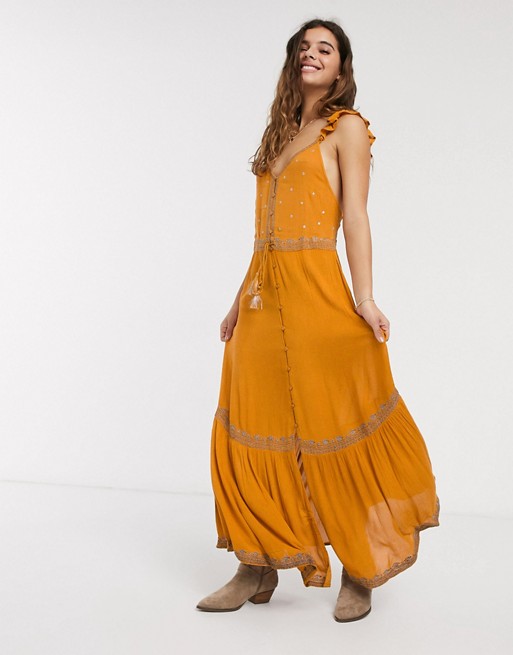 Raga Canyon Sun lace up tassel front maxi dress with embroidery
