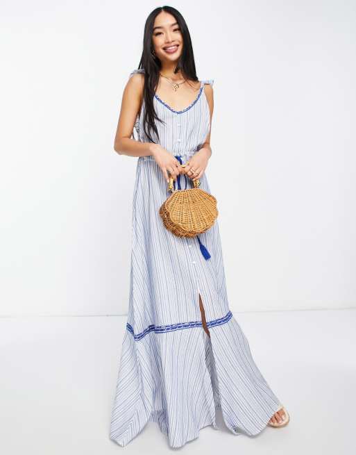 Raga - Delphina - Lange jurk met schouderbandjes met ruches in blauw