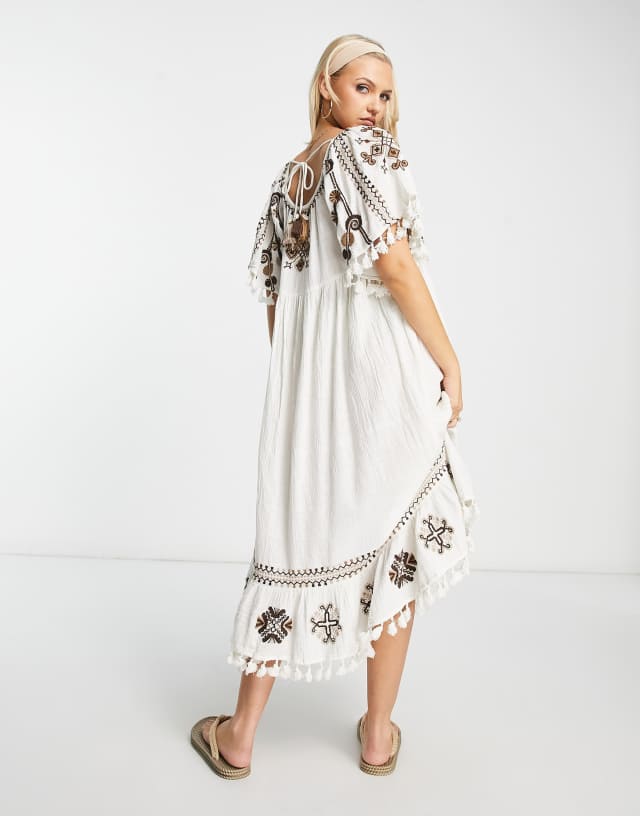 Raga Fatima embroidered smock dress in cream