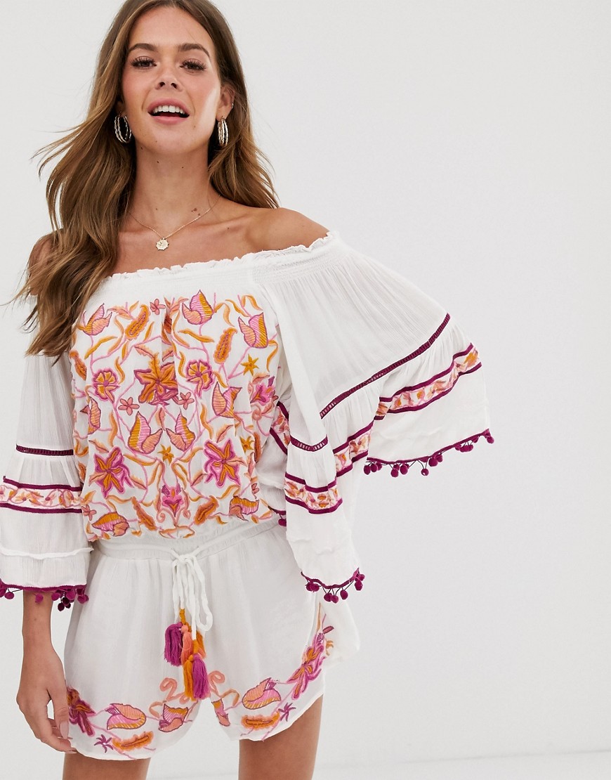 Raga First Bloom embroidered off shoulder playsuit-White