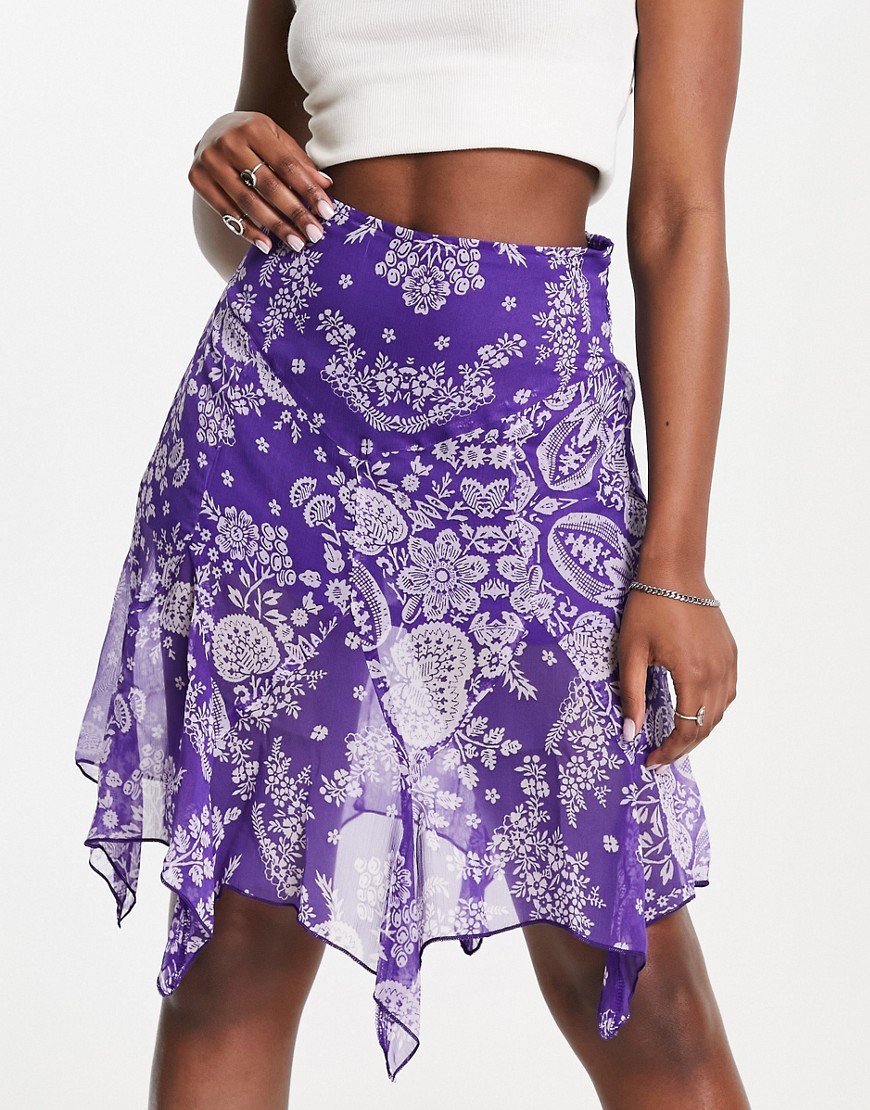 floral print ruffle hem mini skirt in purple - part of a set