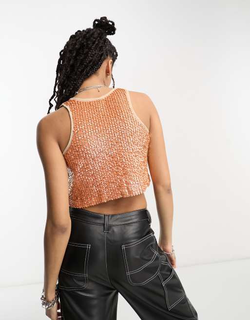 Orange sequin crop store top