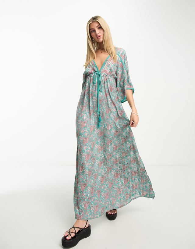 Raga Kassie plunge front printed maxi dress in teal