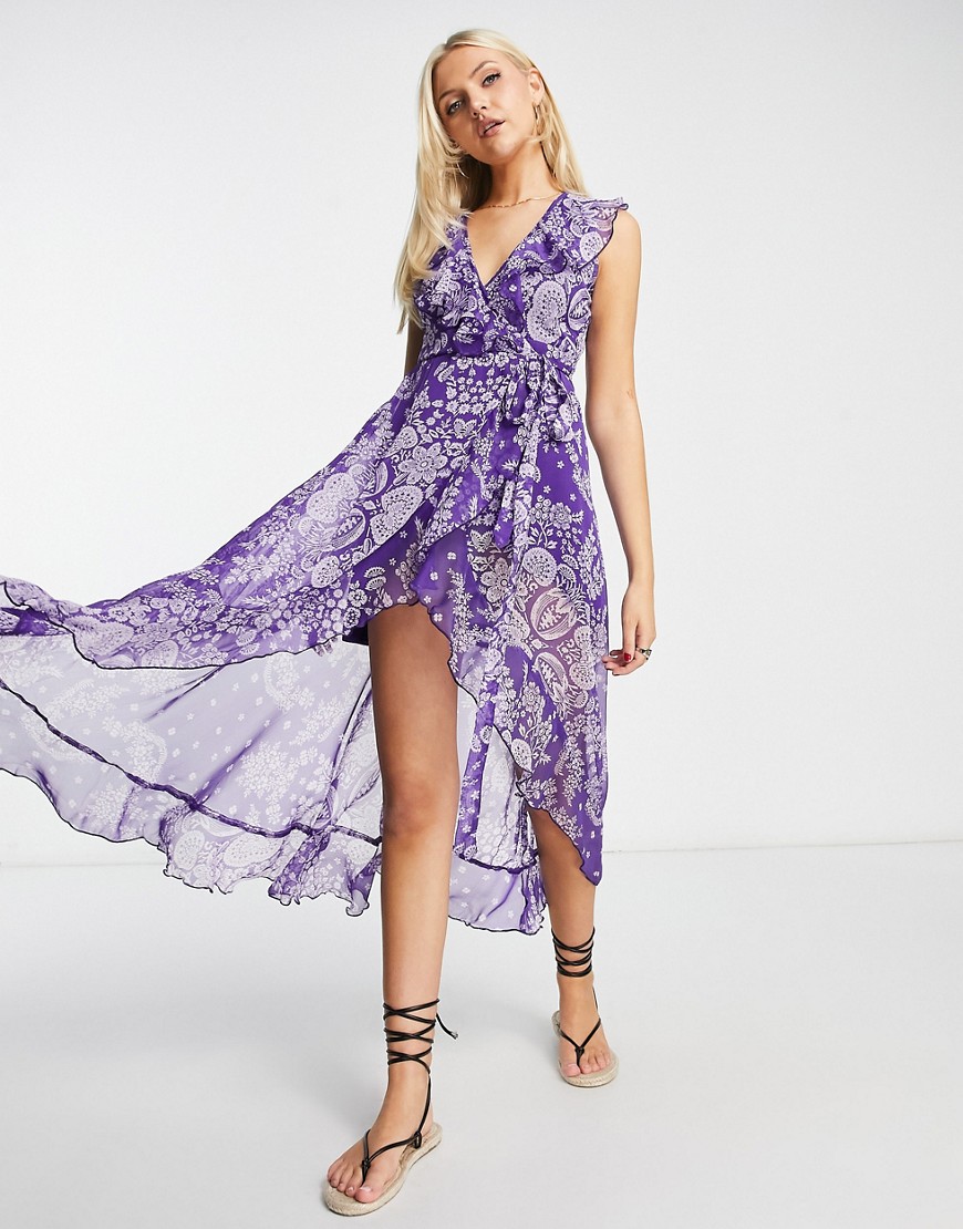 Raga Out For A Ride Floral Print Wrap Dress In Purple
