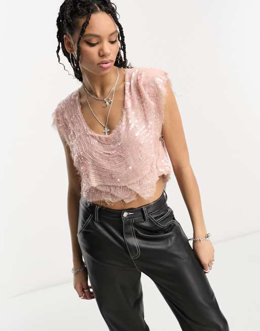 Raga – Sweet Nostalgia – Kurzes Top mit Paillettenverzierung in Rosa