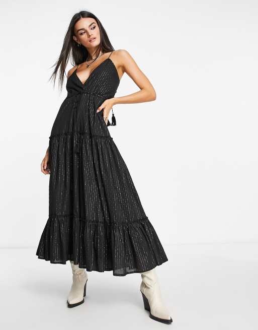 Raga Under The City Lights metallic stripe maxi dress in black | ASOS