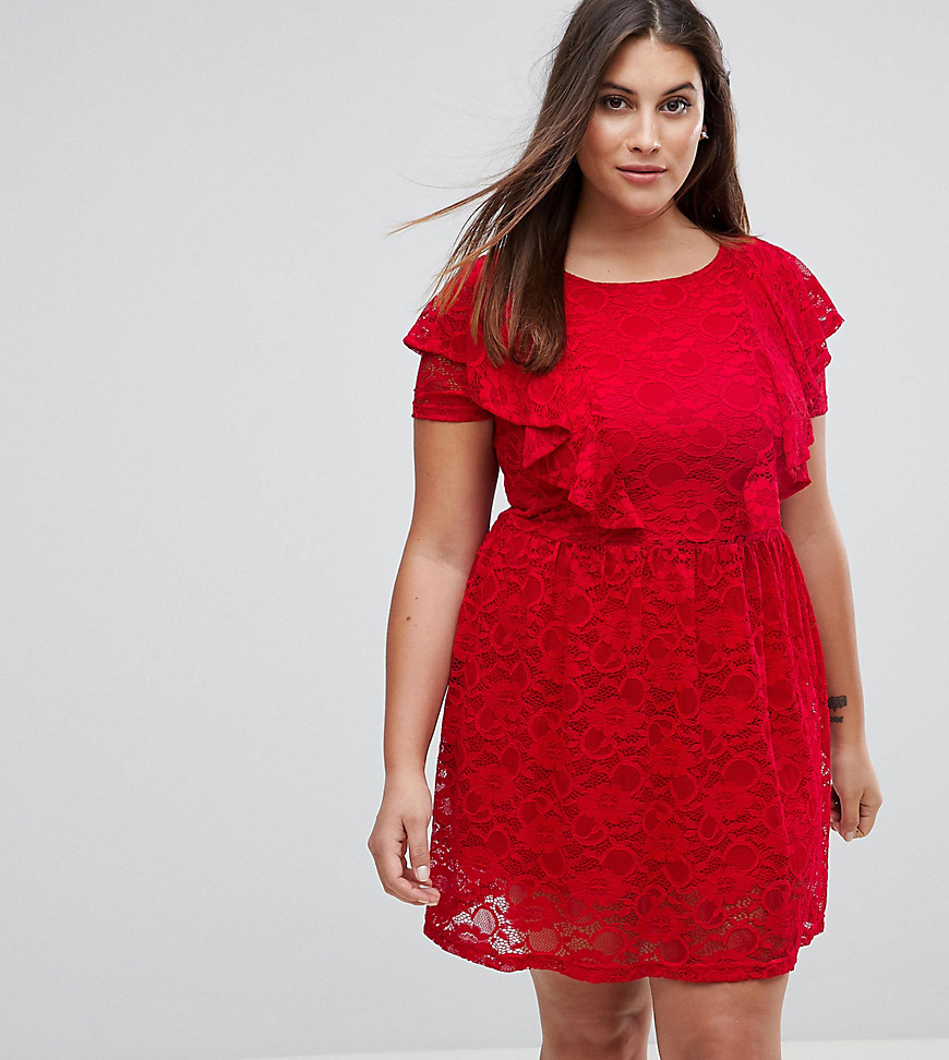 Rage Plus Lace Skater Dress With Frill-Red