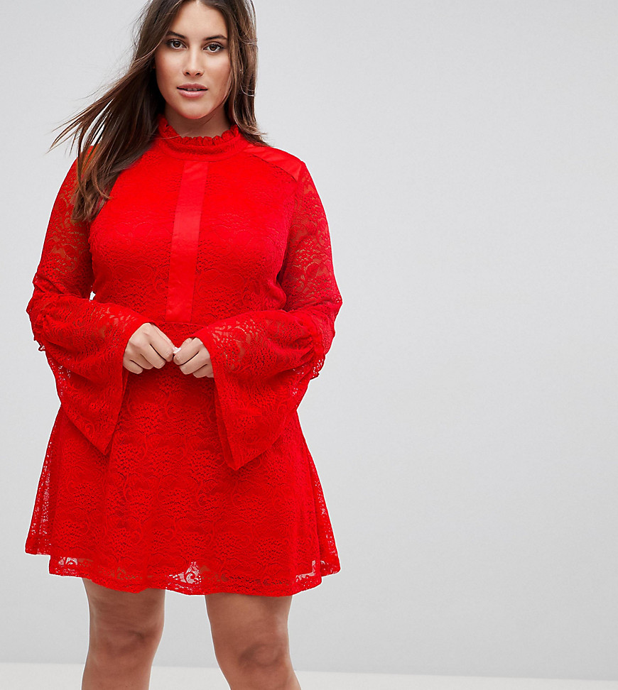 Rage Plus Long Sleeve Lace Skater Dress-Red