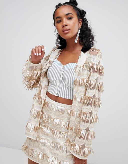 Ragyard - Ensemble blazer sans boutons et jupe avec franges à sequins, 2 de 3