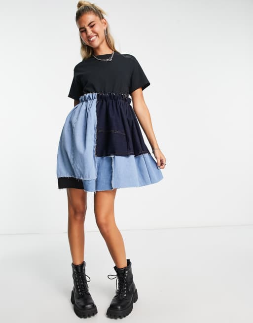 Ragyard x Hotfix black t-shirt mini smock dress with multi denim skirt