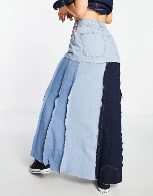 Patchwork denim hot sale maxi skirt