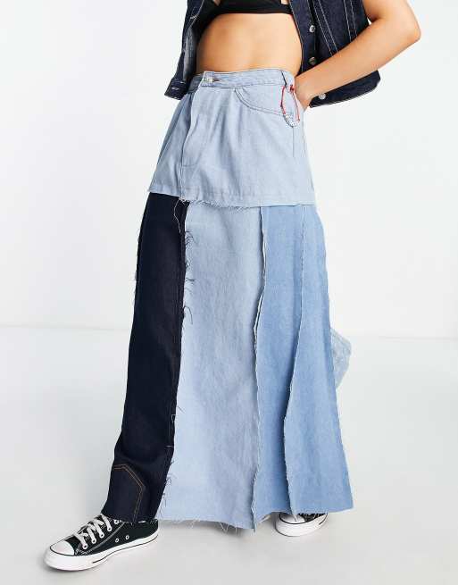 Ragyard x Hotfix denim maxi skirt in multi patchwork, 4 of 4
