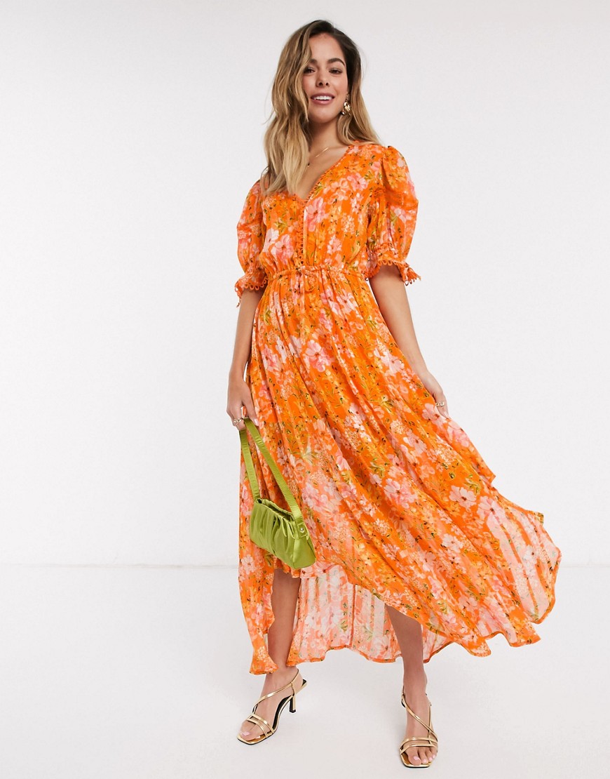 Rahi Positano Bella hankie hem floral midi dress in positano print-Orange