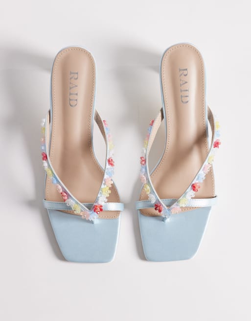 RAID Airlea kitten heel sandals with flower applique in blue satin, 3 of 4