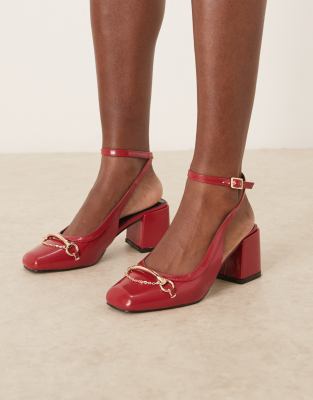 RAID Aiza ballet low block heel shoes with gold buckles in red patent