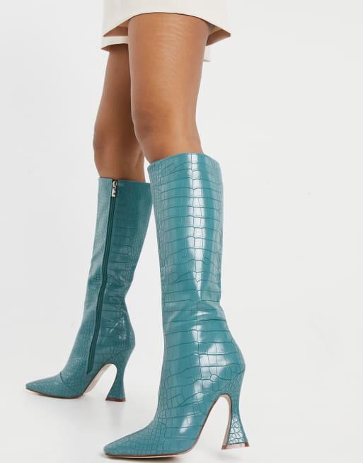 RAID Angelique knee high boots in turquoise croc