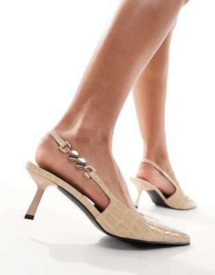 Ankana slingback kitten heel shoes in butter croc patent-White