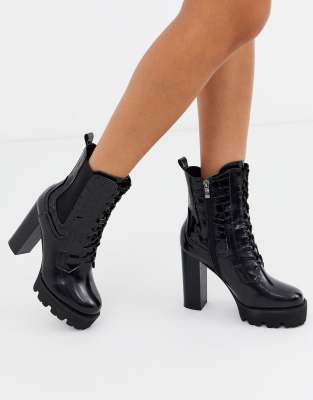 black heeled hiker boots