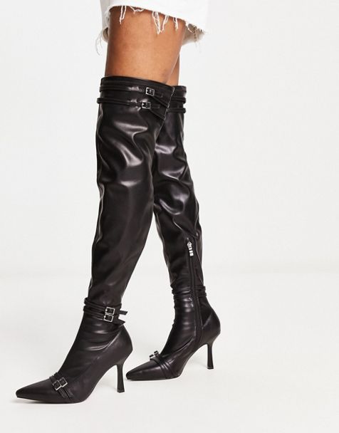 Womens Thigh High Boots Sexy Black PU Leather Surgical Stretch Over The  Knee High Boots Round Toe Low Chunky Heel Stiletto