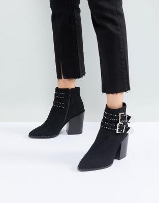 Black Studded Buckle Heeled Ankle Boots