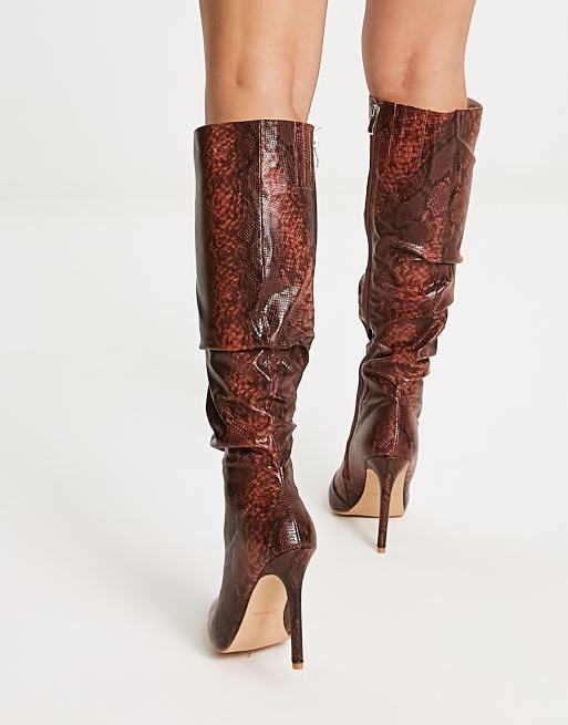 RAID Wide Fit Brayden stiletto knee boots in tan snake print