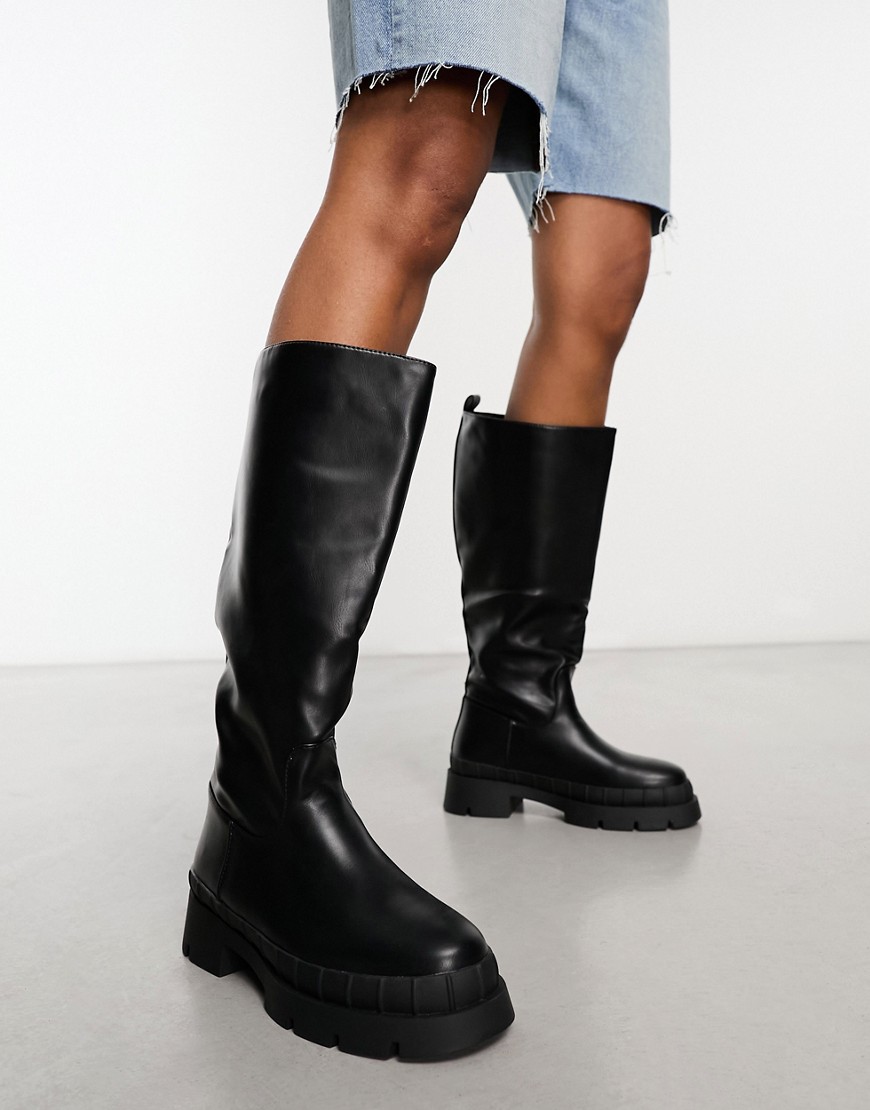Challenge chunky flat knee boots in black